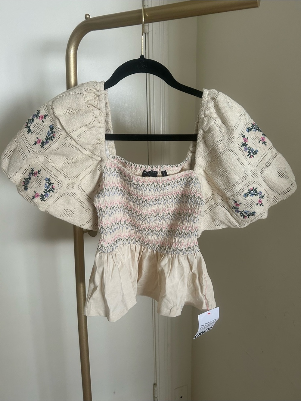 ASOS DESIGN Cottagecore Embroidered Puff Sleeve Smocked Peplum Top NWT